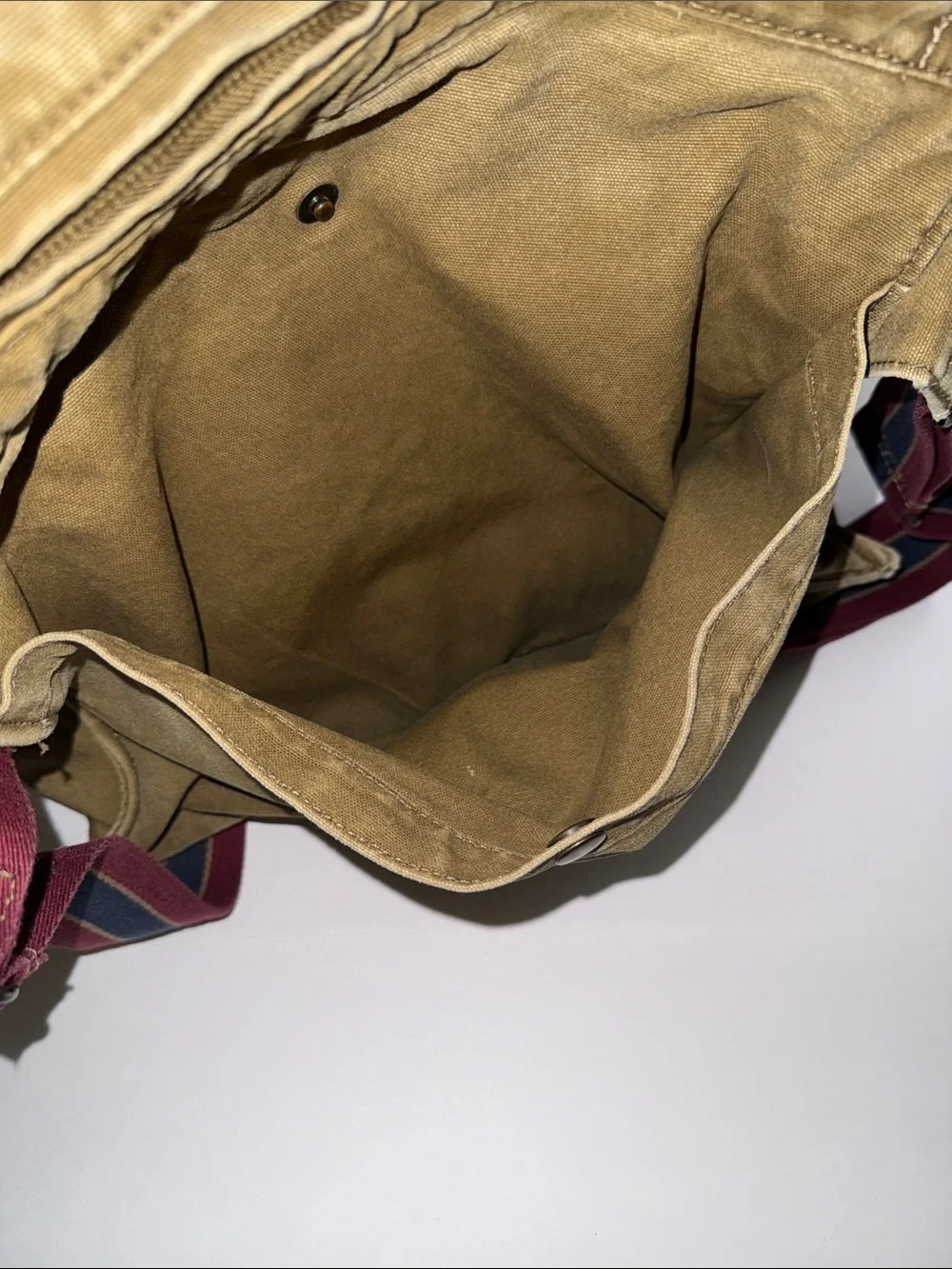 Sold! 🛑 American Eagle Tan Canvas Messenger Bag with Blue & Burgundy Strap